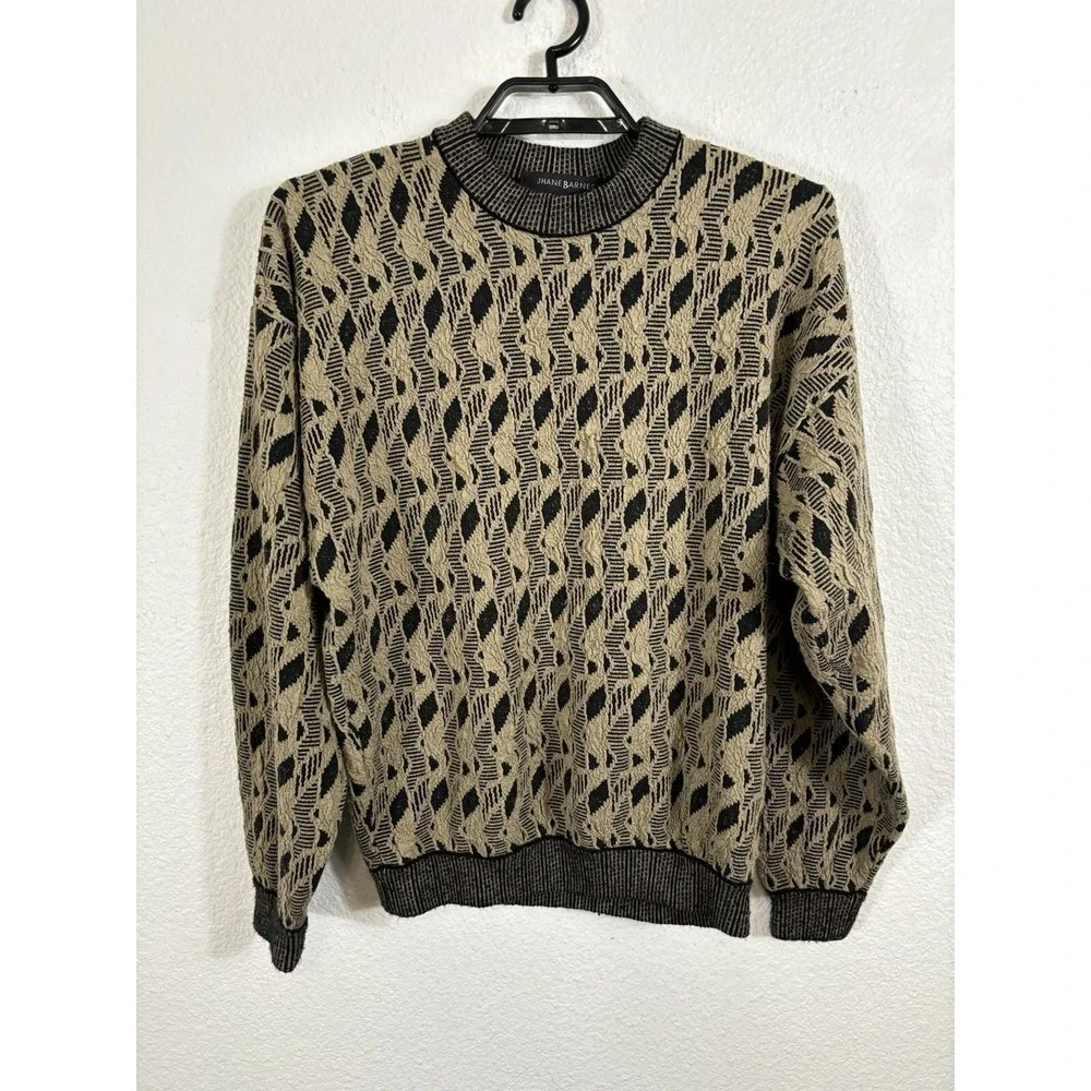 Jhane Barnes Sweater Mens Medium Wool Blend Beige Woven‎ 3D Knit Grandpa